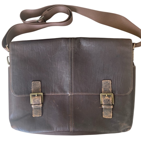 Boconi Bryant Brown Leather Double Buckle Messenger Bag  Travel Distressed